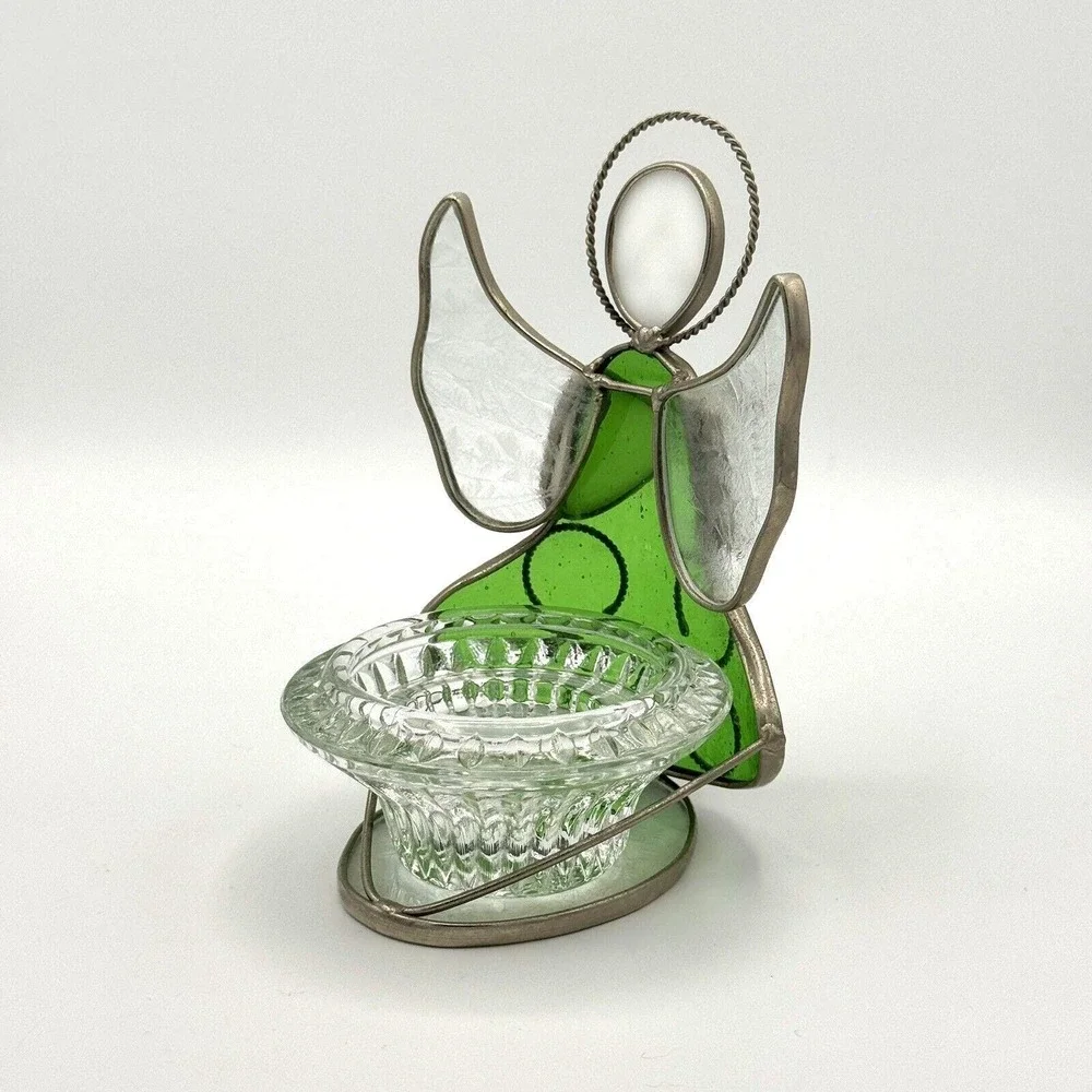 Vintage Green Glass Angel Tea Light Holder Frosted‎ Wings Stained Glass Style 6
